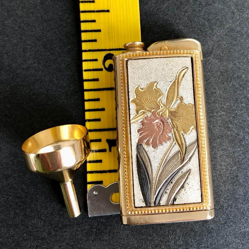 Nacon Vintage PURSE PERFUME SPRAY Etched Orchid Flower Gold Atomizer RARE - Picture 14 of 15